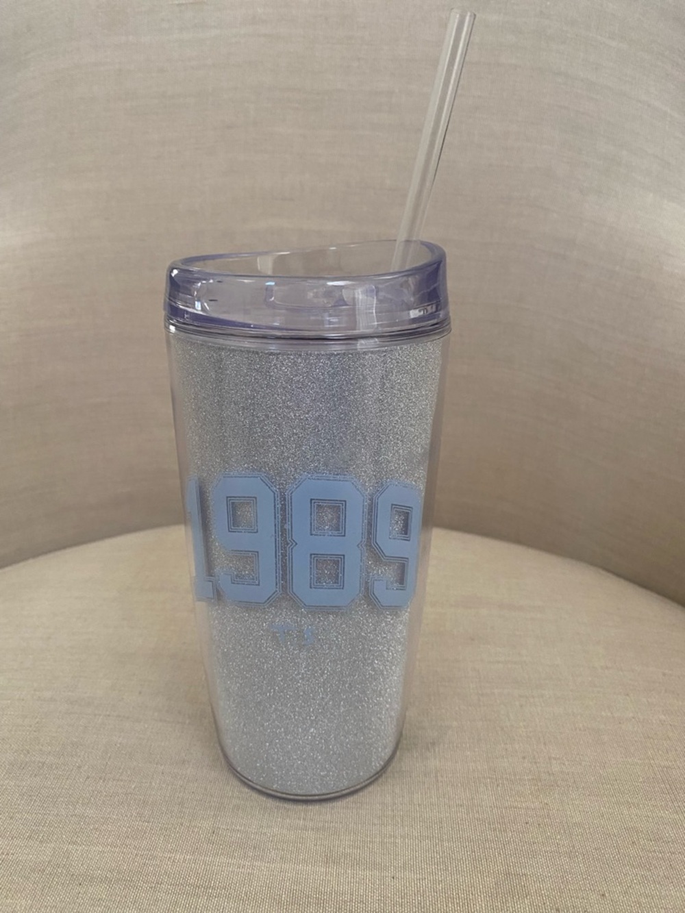 Glitter 1989 Travel Tumbler with Straw - Silver & Light Blue